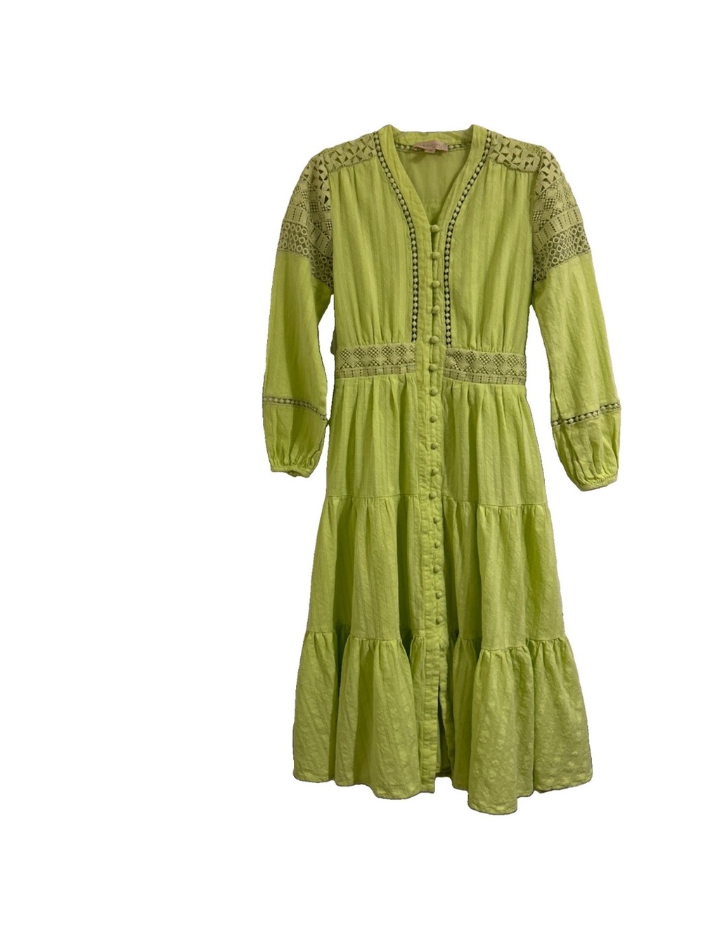 Philosophy Women’s Light Green Button-Front Tiered Crochet Maxi Dress Size S